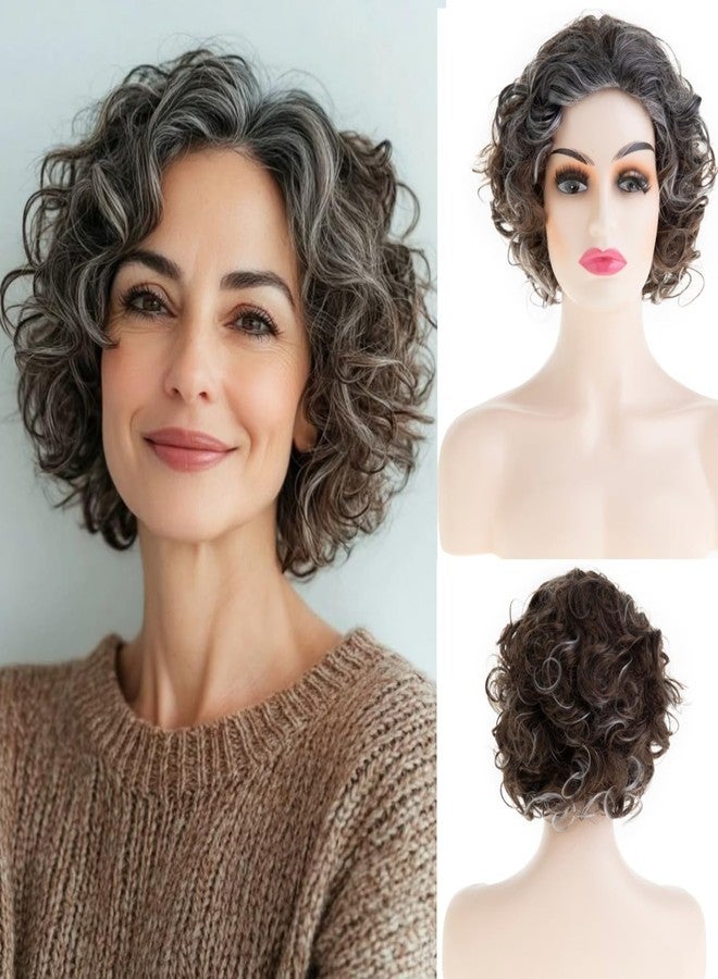 Wiwige Short Brown Curly Wigs for Women Synthetic Mixed Grey Big Curly Bob Wig Modern Cosplay Hair - Image 1